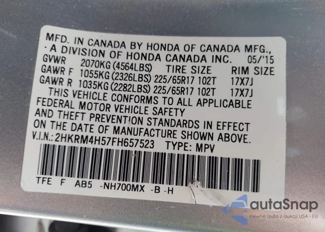 2015 Honda Cr-V Ex z USA, uszkodzony, nr VIN 2HKRM4H57FH657523